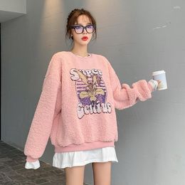 Women's Hoodies Winter Thinck Granule Cashmere Cartoon Pattern Pullovers Sweatshirts Women Print Soft Puff Sleeve O-neck Velvet Coat Ladies