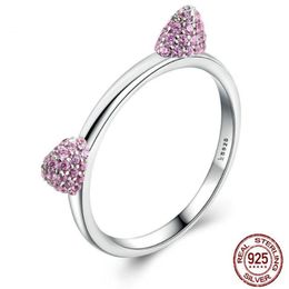 925 Sterling Silver Cute Pink Diamond Cat's Ears Ring for Bridemaid Engagement Sweety and Romance 100% Silver Ring in True Lo227J