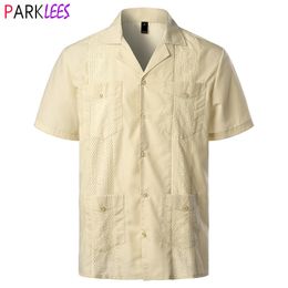 Men's Casual Shirts Men's Traditional Cuban Camp Collar Guayabera Shirt Short Sleeve Embroidered Mexican Caribbean Style Beach Shirt with 4 Pocket 230721