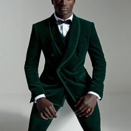 Green Velvet Mens Tux Dinner Party Prom Casual Suit Jacket Pants Vest Tie Groom Tuxedos Groomsmen Wedding Blazer Suits For Men232q