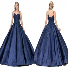 Simple Navy Blue Ball Gown Quinceanera Prom dresses with Spaghetti Straps Satin Open back Lace Evening Party Sweet 16 dress1920