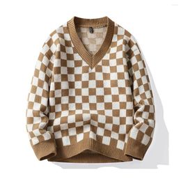 Men's Sweaters Mens Pullovers Checkerboard Jacquard Weave Males V Collar Sweater Knitted Pullover Knit Loose