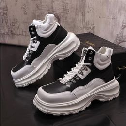 High Quality White Black Leather Men High Tops Punk Shoes Web Celebrity Height Increasing Shoes zapatillas Hombre 1AA22