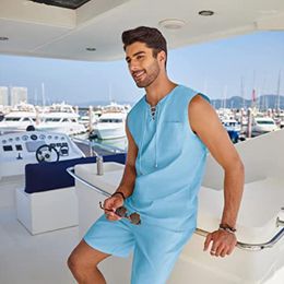 Men's Tracksuits 2 Piece Linen Set Sleeveless And Shorts Summer Suits For Men Hawaiian Sets Designer Clothes