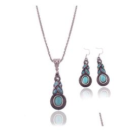 Earrings Necklace Fashion Vintage Pattern Blue Crystal Turquoise Pendant Jewellery Sets For Party Women Dresses Accessories Sale 10 Dhhga