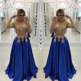 Sexy Royal Blue With Gold Lace Beads Evening Dresses Caftan Formal Gowns Illusion Long Sleeves Sequins Satin Prom Pageant Dress pl2774