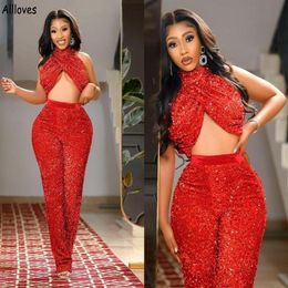 Glitter Red Sequined Two Pieces Prom Dresses Pantsuits Halter Sexy Arabic Aso Ebi Speical Occasion Evening Gowns Women Plus Size J211l