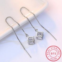 Stud Elegant Fashion 925 Sterling Silver Cube Love Window Zirconia Sugar Drop Earrings Box Chain Long Tassel S E238 230721