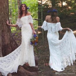 Bohemian Boho Wedding Dresses Off The Shoulder Full Lace Country Vintage Wedding Dress Bridal Gowns Custom Made2281