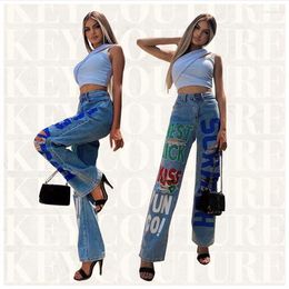 Women's Jeans European Fashion Letter Print Ripped Loose Straight Women High Waist Casual Ladies Denim Trousers