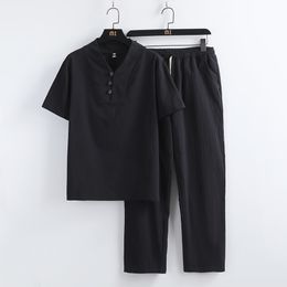 Men's Tracksuits Arrival Cotton and Linen Short Sleeve Tshirt Shorts Pant Set Solid ShirtTrousers Home Suits Male Size S3XL 230721