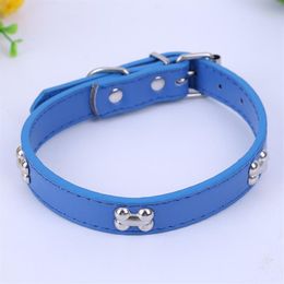 5 Colors Bone Pet Dog Collar Durable PU Leather Adjustable Puppy Cat Strap Collar S M L XL 1 5cm Promotion256e