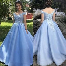 Light Sky Blue Prom Dresses Party Queen Floral Appliques Lace Corset Back Off Shoulder A Line Floor Length Evening Gowns237S