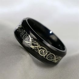 Couple Ring - Men's 8mm Dragon Titanium Steel Ring and Women's 10kt Black Gold Fill Black Diamond Gemstone Ring Bridal W313e