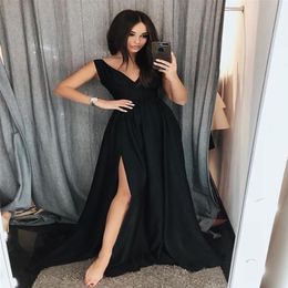 Simple V Neck Chiffon A-Line Black Prom Dresses with Slit Floor Length Cheap Party Gowns Prom Long Elegant Evening Dresses292l