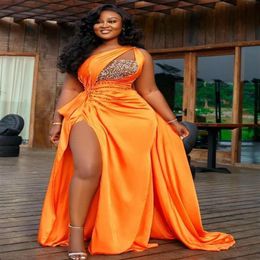 Aso Ebi Orange Beaded Crystals Evening Dresses with ribbon High Split Arabic 2021 african plus size one shoulder prom gown robe260x