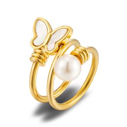 High Quality Fashion Stainless Steel White Shell Butterfly Ring Office Style Party Animal Imitation Pearl Rings For Women Gift