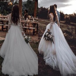 Princess Fairy Country Wedding Dresses 2021 Long Sleeve Backless Lace Tulle Bohemian Illusion Beach Bride Reception Gown Robes265u