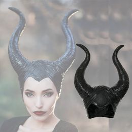Anime Devil Lady Big Horn Headgear Queen Witch Costume Props Halloween Party Horror Mask Black Helmet Supplies