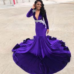 Stylish Purple Velvet Mermaid Prom Dresses Sheer Deep V Neck Beaded Long Sleeves Evening Gowns Plus Size Sweep Train Appliqued For315A