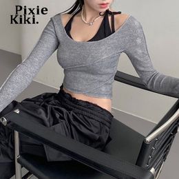 Women's T-Shirt PixieKiki Grey Long Sleeve Top Fake Two Piece Casual Lace Up Halter Neck T Shirts for Women Y2k Clothing Fall P84-CA25 230721