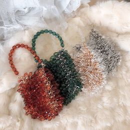 Evening Bags Transparent crystal hanging ring handmade bag 2023 white chain handbag net red bead 230721