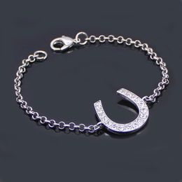 Lead and Nickel Link Chain Bracelet Horse Shoe Bracelets Equestrian Horseshoe Jewellery Decorated with Bling White Czech Crysta260r