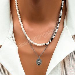 Layered Chains with Heart Coin Pendant Necklace Men Trendy Imitation Pearl and Seed Beads Spliced Choker on Neck Fashion Jewellery