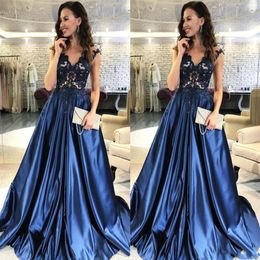 2020 Modest Navy Blue Prom Dresses African Capped Sleeves Satin Skirt Long Evening Dresses Party Gowns Appliques Beaded Vestidos237G