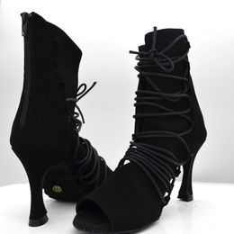 Boots Evkoodance Fashion Dance Shoes Black Nubuck Shoes Lace Latin Salsa Ballroom Dance Shoes Women 8.5cm High Heel Shoes