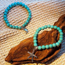 Bohemian Handmade Natural Stone Bracelet Men Yoga Agates Turquoise Beads Bangles Charm Blue Butterfly Pendant Bracelets Jewelry for Women