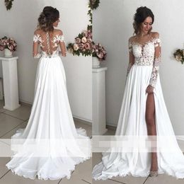 Abiti da sposa a-line in chiffon di pizzo squisito 2019 Collo trasparente Maniche lunghe Spacco laterale Sweep Train Back Cover Buttons Country Brida274k