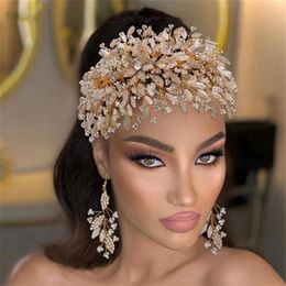 Luxury Wedding Bridal Beads Headband Gold Crown Tiaras Crystal Rhinestone Hairband Earrings Jewelry Set Fashion Prom Bling Hair Ac275o