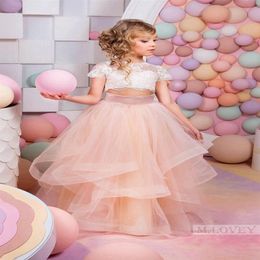 2022 Pink Two Pieces Lace Ball Gown Flower Girl Dresses 3 4 Long Sleeve Vintage Child Pageant Dresses Beautiful1681