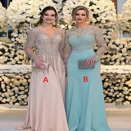 Luxurious Bead Crystal Sequins Mother of the Bride Dresses Long Sleeves V Neck Pink Plus Size Formal Party Prom Gowns225a