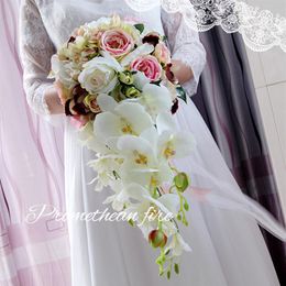 4 Colors Pearl Crystal Bridal Bouquets Flower Pink Waterfall Wedding Flower Vintage Handmade Brooch Bouquet De Mariage2811