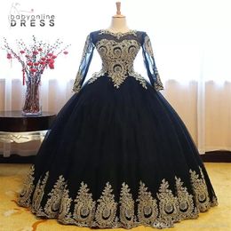 Elegant Black Gold Lace Ball Gown Quinceanera Dresses Sheer Long Sleeves Applique Beaded Sweet 16 Year Floor Length Prom Party Eve286D