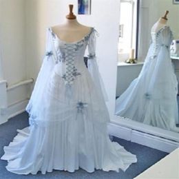 Keltische Vintage-Brautkleider in Weiß und Hellblau, bunt, mittelalterliche Brautkleider, U-Ausschnitt, Korsett, lange Glockenärmel, Applikation2512