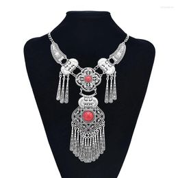 Pendant Necklaces Bohemian Ethnic Vintage Beads Alloy Leaf Tassel Statement For Women Silver Colour Hollow Geometric Necklace Jewellery