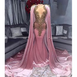 Dusty Pink Velvet Mermaid Prom Dresses With Cape Gold Beads Appliques Plus Size African Women Evening Party Gowns Modest Long Form226i