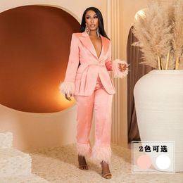 Women's Two Piece Pants MUDAN Evening Dress Sexy Lapel Long Women Streetwear Feather Sleeve Banquet Suit 2 Set