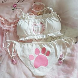 Japanese anime cos sexy cute Cat girl cotton hollow Out Sexy Open Chest Lace-up Underwear Set Cosplay Cute lace panties set2578