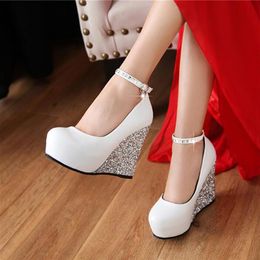 White Wedding Shoes Glittering Wedge Heel Rhinestones Bride Hasp Waterproof A word buckle High heels Female 3 colors273D