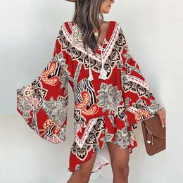 Casual Dresses Ruffle Hem Short Dress Fashion Bohemian Women V Neck Tassel Mini Spring Pattern Print Flare Sleeve Beach