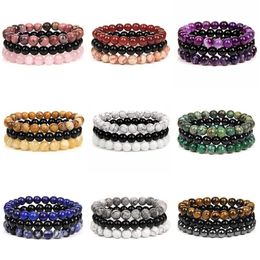 Beaded Strands 3Pcs set Natural Stone Bracelets For Women Men Fashion 8MM Beads Bracelet Sets Rose Quartzs Amethysts Sodalite Hem303I