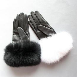 Five Fingers Gloves Maylofuer Genuine Sheepskin Leather Touch Screen Hair Cuffs Women Warm In Winter Black246z