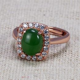 Cluster Rings 925 Sterling Silver For Women Oval Shape Rose Gold Plated Natural Green Jade Micro Paved Zircon Surround Opening Typ255M