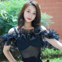 Stage Wear Ballroom Dance Clothes Women Latin Tops Sexy Mesh Ruffled Off Shoulder Black Adult Practise Performance BL11078