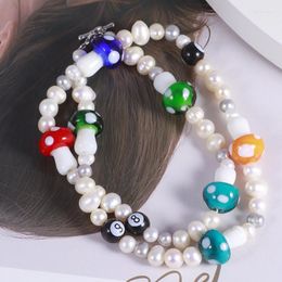 Choker Candy Color Cute Sweet Mushroom Black Beads Light Pearl Necklace