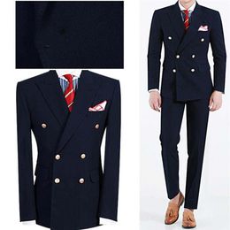 New Arrivals Double Breasted Navy Blue Groom Tuxedos Peak Lapel Groomsmen Mens Wedding Party Suits Jacket Pants258U